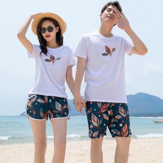 여자 커플 네이비 하와이안 반바지 방수 포켓 반팔 티셔츠 세트 해변 서핑 바닷가 휴가
