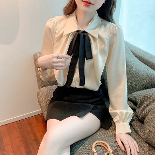 타이블라우스 리본 블라우스 실크 하얀 하객룩 셔츠 여성 결혼식 리본타이 카라 정장