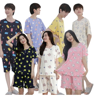 여성 남성 사방 스판 잠옷 세트 부드러운 피치 쿨 여름 파자마 남녀공용 여성 빅사이즈 실내복 커플 원피스