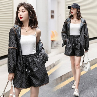 짜리점 여자 키작녀 바람막이 점퍼 프린트 거리 세트 여름 선코트 하이웨이스트 핫 팬츠 투피스 꾹2