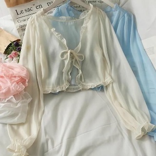 크롭가디건 여름가디건 여자 여성 봄 볼레로 2024 브이넥 니트 가디건, 레이스 업 숏 상의, 프릴 디자인