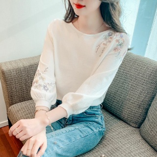짜리점 여자 키작녀 라운드넥티 봄가을 여름 자수 니트 7부소매 캐주얼 스웨터 라운드넥 꾹2