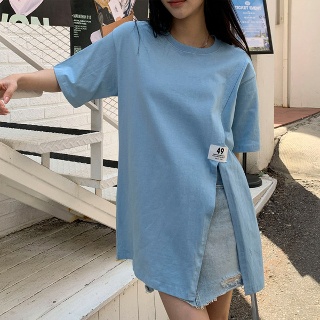H스타일(BM)사선트임라벨반팔티 봄 여름 반팔 티셔츠 롱티 박스 루즈핏 라운드