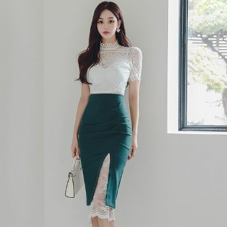 젠냐 여성치마 여름 레이스 티셔츠+치마 세트 반팔 하이넥 앞트임 미디 슬림 스커트 투피스 JEN2