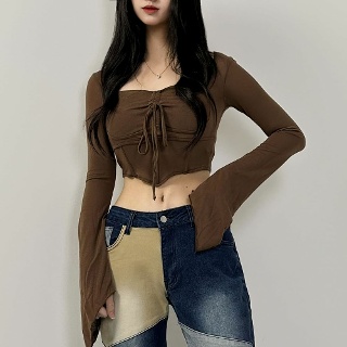 큐티섹시 빈티지 스퀘어넥 셔링 리본 나팔소매 크롭탑 스쿨룩 셔츠세트 홀터넥니트 카라레이어드셔츠 슬림