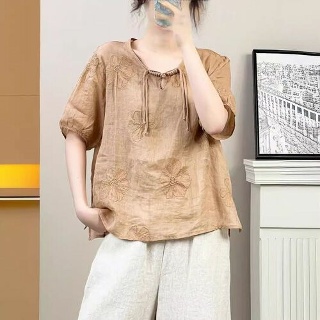 R2E 여성 무지데님 셔츠 봄가을 예술적인 레트로 삼단 매듭 자수 젠1