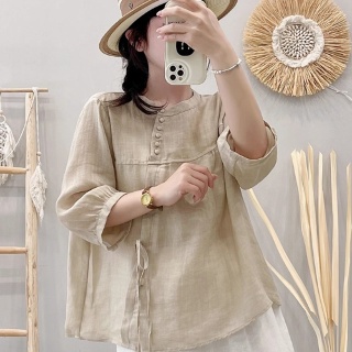R2E 여성 무지데님 셔츠 빈티지 라운드 풀오버 모시 칠부소매 상의 여름 코디 단색 티셔츠 블라우스 린넨 반