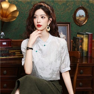R2E 여성 무지데님 셔츠 여름 차이나 자카드 반팔 블라우스 젠2
