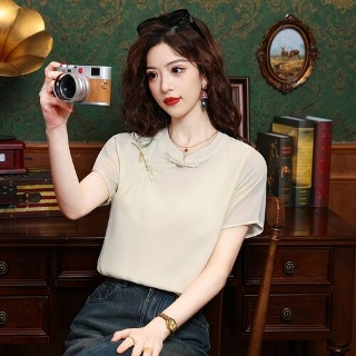 R2E 여성 무지데님 셔츠 라운드넥 단추 자수 젠2