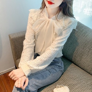 마르소 쉬폰스커트 긴팔 레이스 셔츠 봄 리본 루즈핏 가을 스트랩 UNO1
