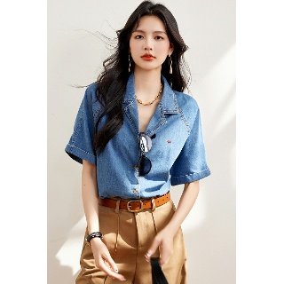 폴로 셔츠 카라 라그랑 워싱 데님 셔츠 여성청남방