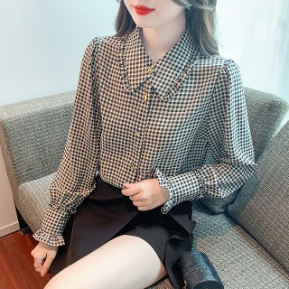 여자 쉬폰블라우 코디 체크 긴팔 블라우스 세련된 셔츠 DU