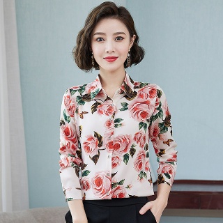 여자 쉬폰블라우 코디 봄가을 플라워 프린트 이너 슬림 블라우스 DU