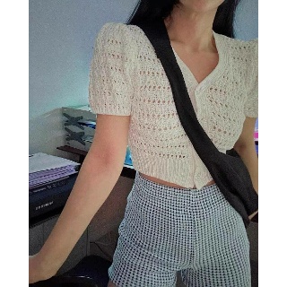 브이넥 쁘띠 리본 단추 펀칭 그물 반팔 숏 니트가디건 여름스웨터 5컬러