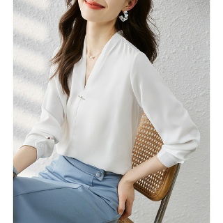 마르소 레이스블라우스 블라우스 긴팔 와일드 봄 브이넥 가을 새틴 UNO1