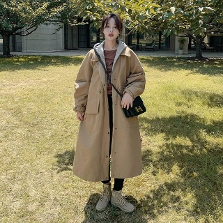 끄샵 여성점퍼 카키색 루즈핏 하프 트렌치코트 후드 얇은 가을 OPH3