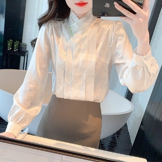 마르소 레이스블라우스 자카드 새틴 셔츠 봄 가을 빈티지 치파오 상의 UNO1
