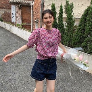 여성 반팔 블라우스 핑크 체크 라운드 핀턱 크롭 루즈핏 그린 여름 남방