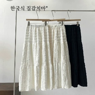 프릴스커트 주름치마 여성 쉬폰 플레어 스커트 프릴 탄성 하이 허리 커버 솔리드 미디 원피스 2024 봄 스타
