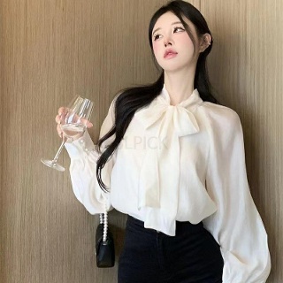 YSMALL 여성 핀턱 퍼프 타이 새틴 블라우스 봄 루즈핏 리본 셔링