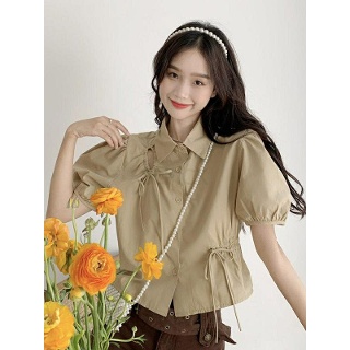 YSMALL 여성 반팔 리본 소매 핀턱 볼륨 펀칭 블라우스 퍼프 편한