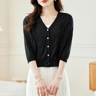 피콜로 여자데일리룩 간절기 카디건 루즈핏 봄여름 슬림핏 숏 7부 소매 쿨 브이넥 KUK1