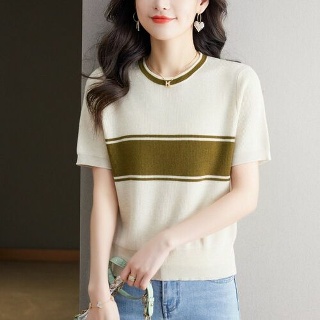 마르소 여름니트 여자 레져 면 니트 얇은 아이스 반팔티 숏라운드 스트라이프 UNO2