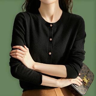 여성 봄 가을 무지 라운드 예쁜 단추 가디건 블랙