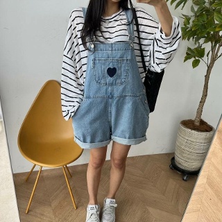 빅사이즈 오버핏 네이비 하트 자수 워싱 데님 멜빵팬츠 점프수트 여성 청반바지