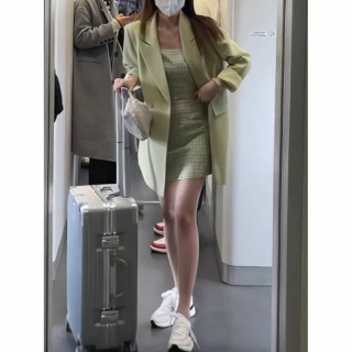 끄샵 여성투피스 빈티지 체크 나시 스커트 정장 코트 세트 봄가을 프렌치 감각 OPH1