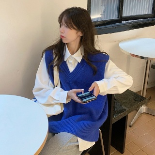 다잇 심플한 오버핏 브이넥 니트 베스트 USL-O113