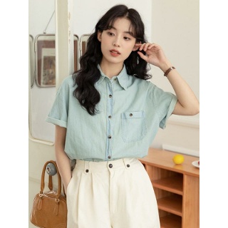 반팔 데님 셔츠 청블라우스 셔켓 청남방 셔링 여성