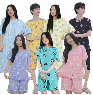 반팔 쿨 아이스 냉감 피치 스판 얇은 잠옷 세트 프릴 여성 남성 빅사이즈 강아지 시원한 원피스 ops 여름