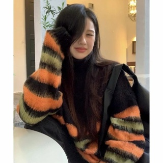 스웨터 스트라이프 빈티지 레이지 윈드 루즈핏 니트 풀오버 여자 웜 블랙 겨울 258379