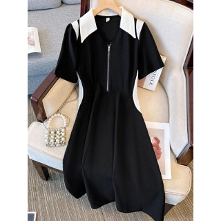 여름 쉬폰 카라 원피스 블랙 반팔 격식 플리츠 하객 여성 L~4XL